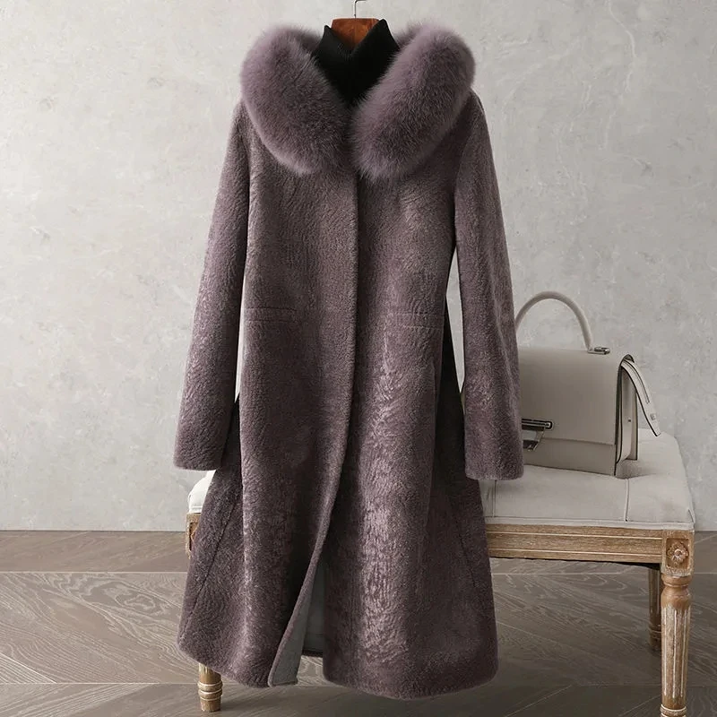 

100% Wool Fox Fur Collar Outerwear Women 2022 Winter New Grain Sheep Shearling Jacket Female Long Slim Thick Warm Woolen coat