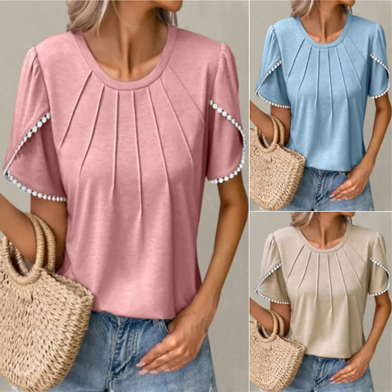 

Летний женский простой и удобный однотонный топ с кружевной вставкой и круглым вырезом, женская дизайнерская эстетичная одежда