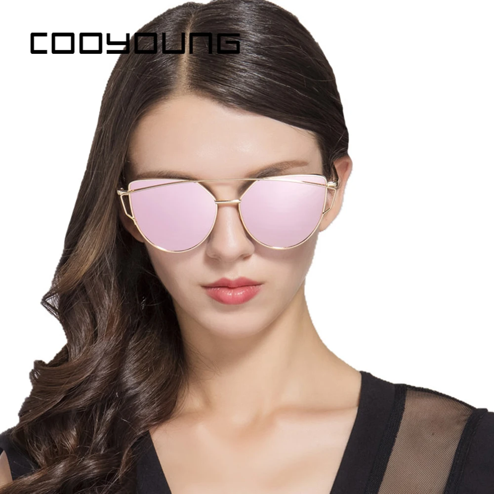 Очки на солнце COOYOUNG Cat Eye винтажного дизайнера с зеркальными линзами цвета розового золота для женщин, металлические отражающие плоские линзы, защита от УФ-лучей 400.