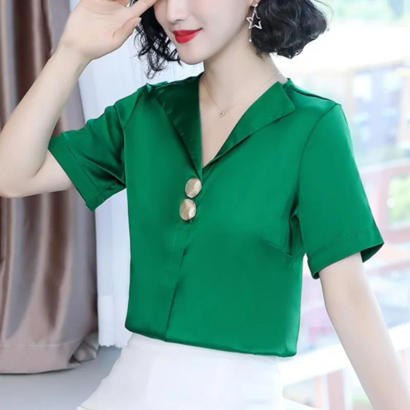 Elegant V-Neck Button All-match Chiffon Blouse Women's Clothing 2023 Spring New Casual Pullovers Short Sleeve Office Lady Shirt