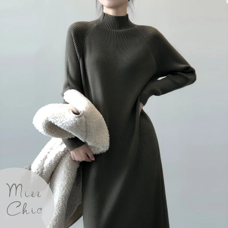 

Elegant Autumn Baisc Sweater Dress Women Chic Elastic Turtleneck Long Sleeve Slim Fit Midi Dress Ladies Winter Clothes Vestidos