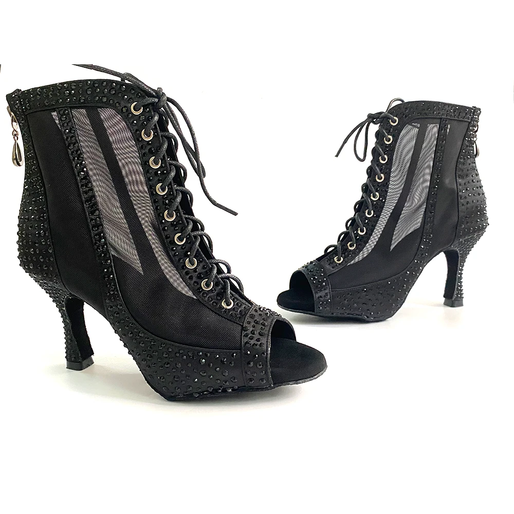 Dance Booties Styles in Different Heels 7cm 8cm 9cm Black Satin Rhinestones Latin Ballroom Dance Shoes For Girls Indoor Outdoor