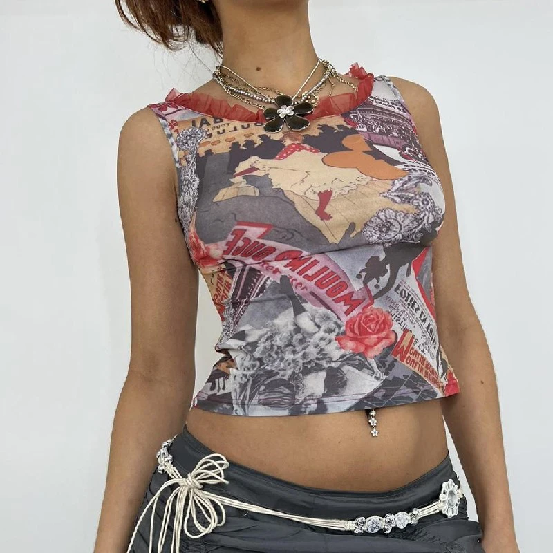 

PASSIONNÉ Print Hit Colour Women's Tank Ruffles O-neck Sleeveless Slim Crop Tops Female Casual Style 2023 Summer Fashion New