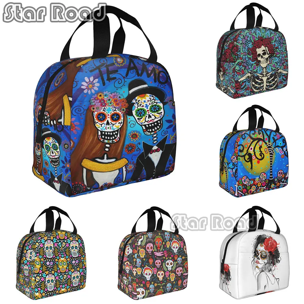

Frida Skull Day of Dead Insulated Lunch Tote Bag for Women Mexican Flowers Catrina Resuable Thermal Cooler Bento Box School