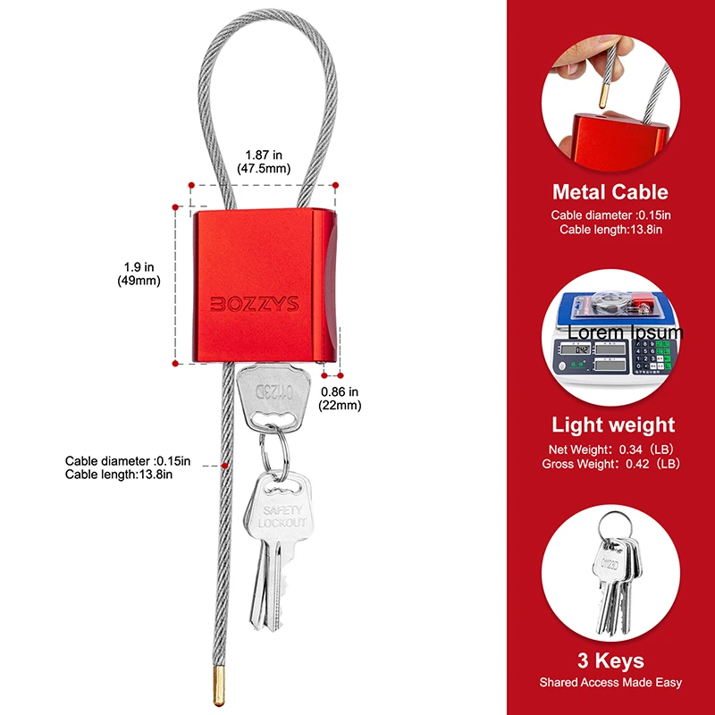 

BOZZYS 4 мм регулируемый навесной замок с тросом и 3 ключами LOTO замки для велосипеда, шкафчика, ворота, ящика для инструментов, безопасность блокировки