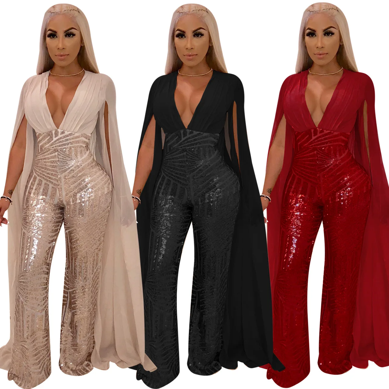 

Sexy Backless Sequin Party Evening Women Jumpsuits 2022 Spring Summer New Sexy Deep V Neck Solid Color High Waist Jumpsuit
