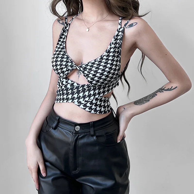 

Женский топ Y2KGIRL с перекрестными бретелями без рукавов с сетчатым принтом на шнуровке сексуальный V-образный вырез с открытой спиной Притал...