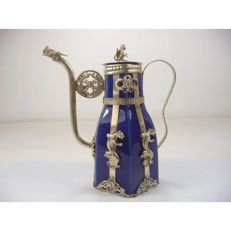 

Exquisite Chinese Vintage Handwork Tibetan Silver Dragon Monkey Inlaid with Porcelain Teapot