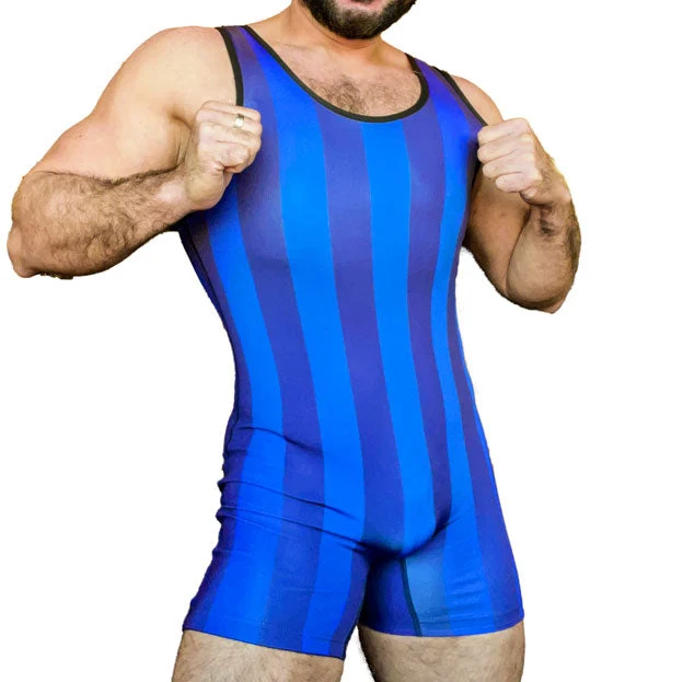 Blue Vertical Stripes Wrestling Singlet Bodysuit Leotard Outfit Underwear GYM Triathlon PowerLifting Swimming Running Skinsuit