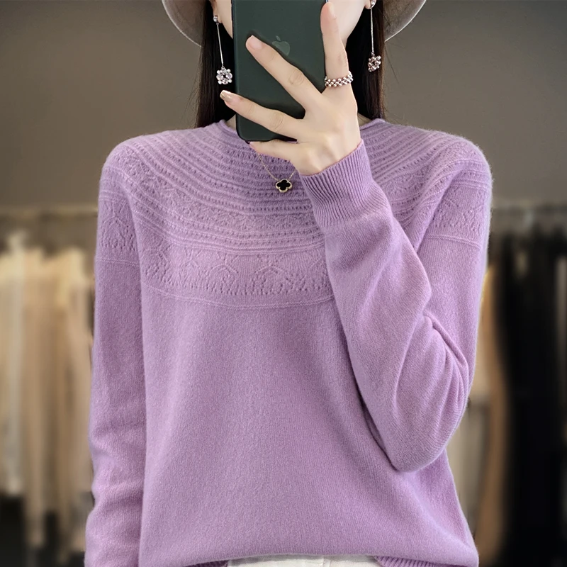 

100%Pure Cashmere Autumn and Winter New Women's Sweater Solid Color Loose Fitting Long Sleeved Wool Round Neck Hollowed Out Knit