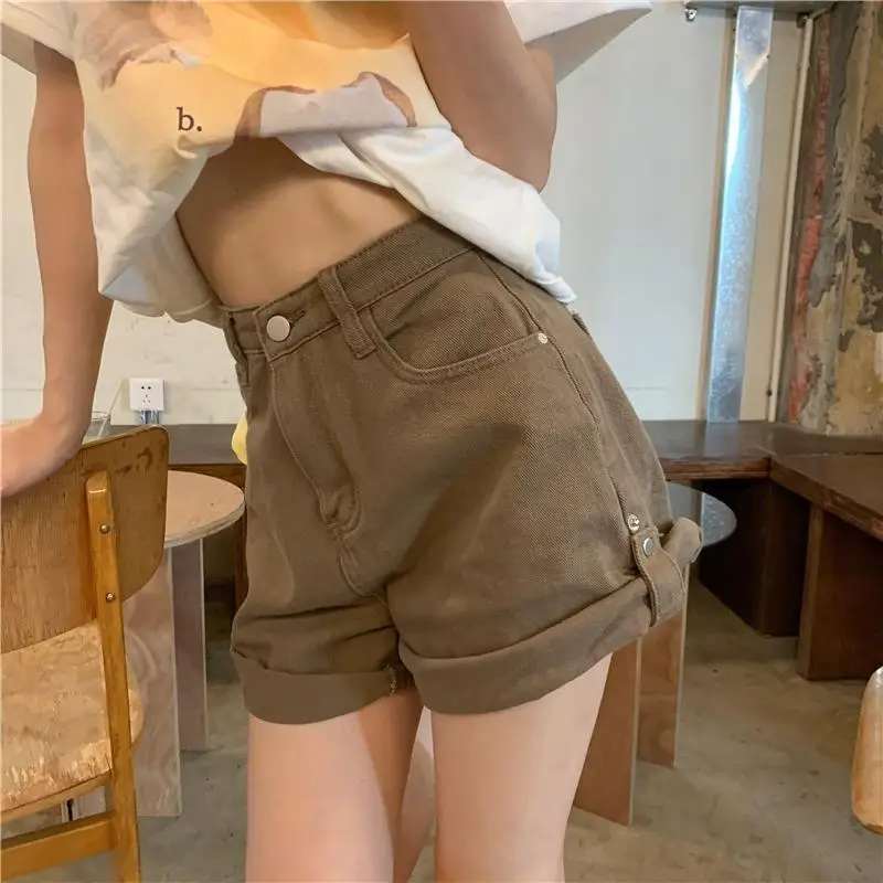 

Korean Style Solid Crimping Shorts Denim Women High Waist Simple A-line Ulzzang Vintage Students All-match Fashion Streetwear