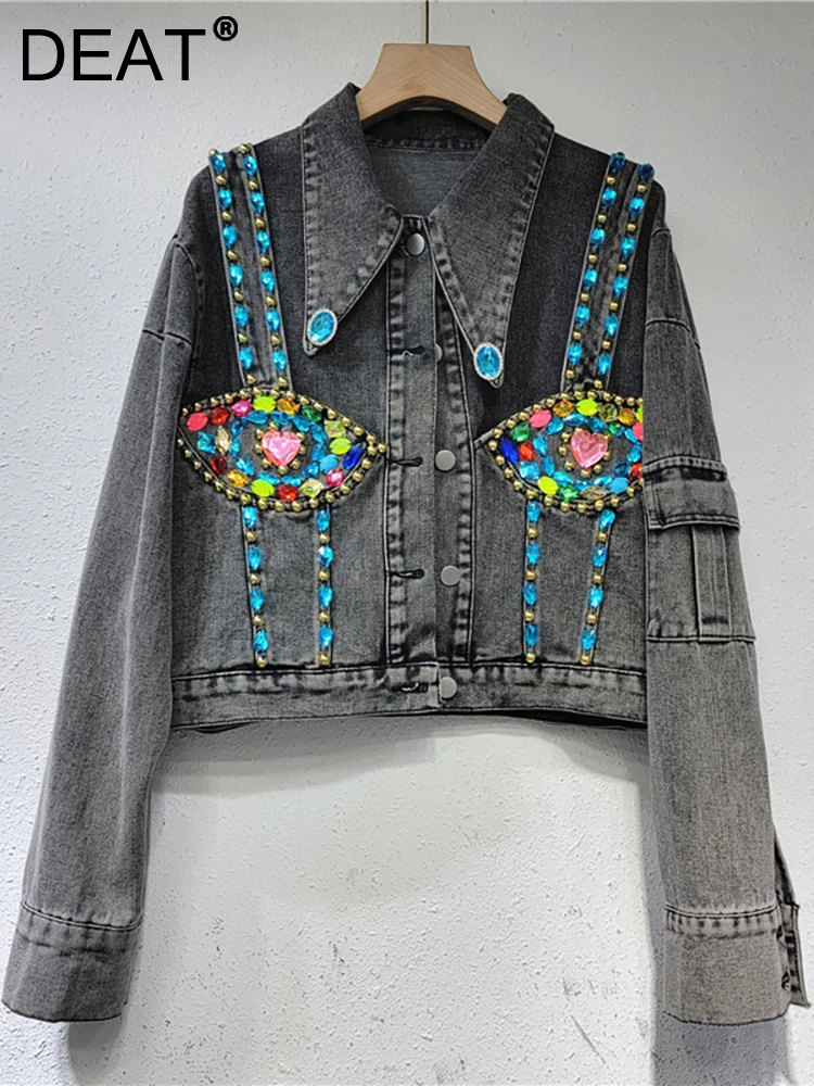 

DEAT Women's Denim Coat Colored Heart Diamonds Patchwork Embroidered Flares Long Sleeve Jackets 2023 Autumn New Fashion 29L2467