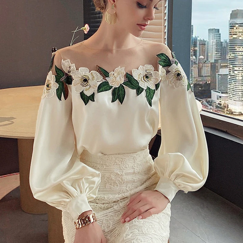 

Embroidered Satin Blouse Woman Fashion Mesh Patchwork Elegant Shirt Shirt Lady O-neck Tops Long Sleeve Women's Clothes 24976