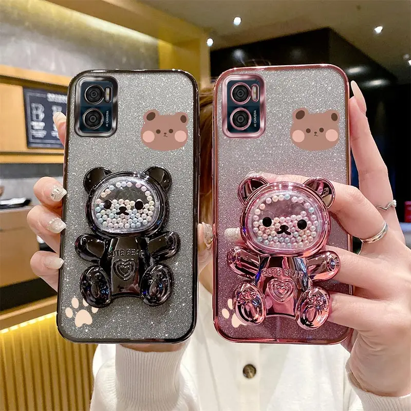 Блестящий чехол-держатель для телефона E 7 13 с медведем Motorola Moto E7 Plus Power E13 E20 E22 E22i E32