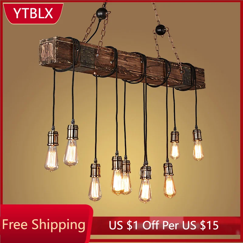 

LukLoy Vintage Pendant Light Retro Hanging Lamp Art Decorative Restaurant Hotel Cafe Bar Suspension Light Wood Block Wire Lamp