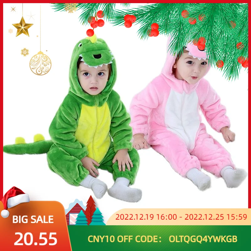 Baby One-piece Pajamas Zipper Hooded Flannel Dinosaur Jumpsuit Winter Costume For Kids Monolayer Overalls Cute Children Clothing