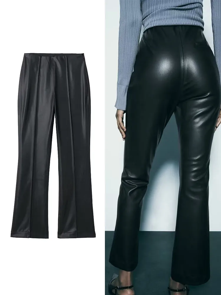 

TRAF New Women Imitation Leather Pant Autumn Winter Fashion Ladies Solid High Waist Zipper Trousers Casual Simple Flared Pants