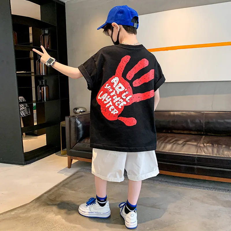 Loose Style Big Boys Clothing Set For Summer 2022 New Fashion Casual O-Neck Print Two Pieces Sport Suit Cotton Teenager Clothes