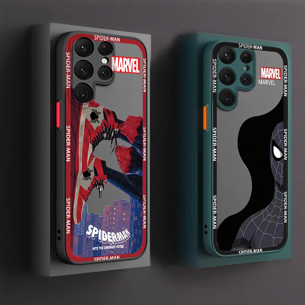 

Marvel Spiderman Logo Art Phone Case For Samsung S22 S21 Ultra S20 FE S10E S10 Lite Plus Frosted Translucent Matte Cover