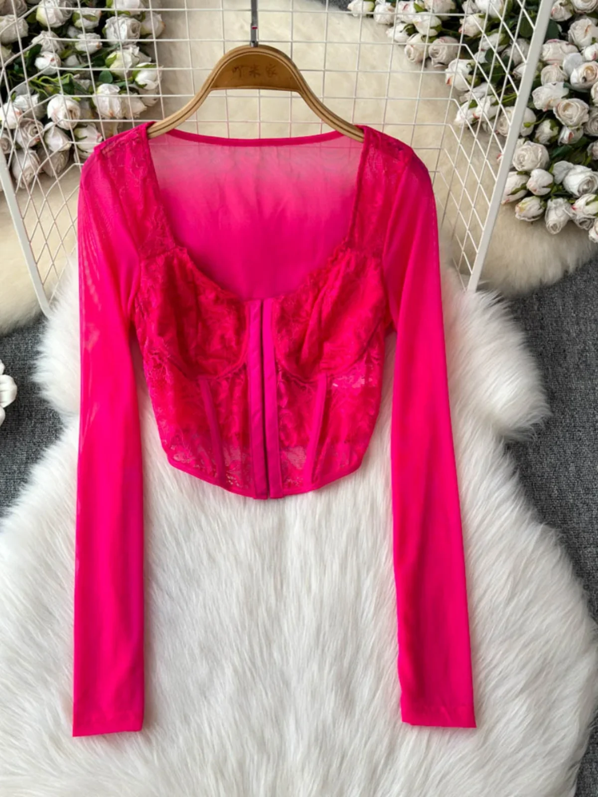 Foamlina Сексуальная футболка с квадратным вырезом и кружевной сеткой длинными