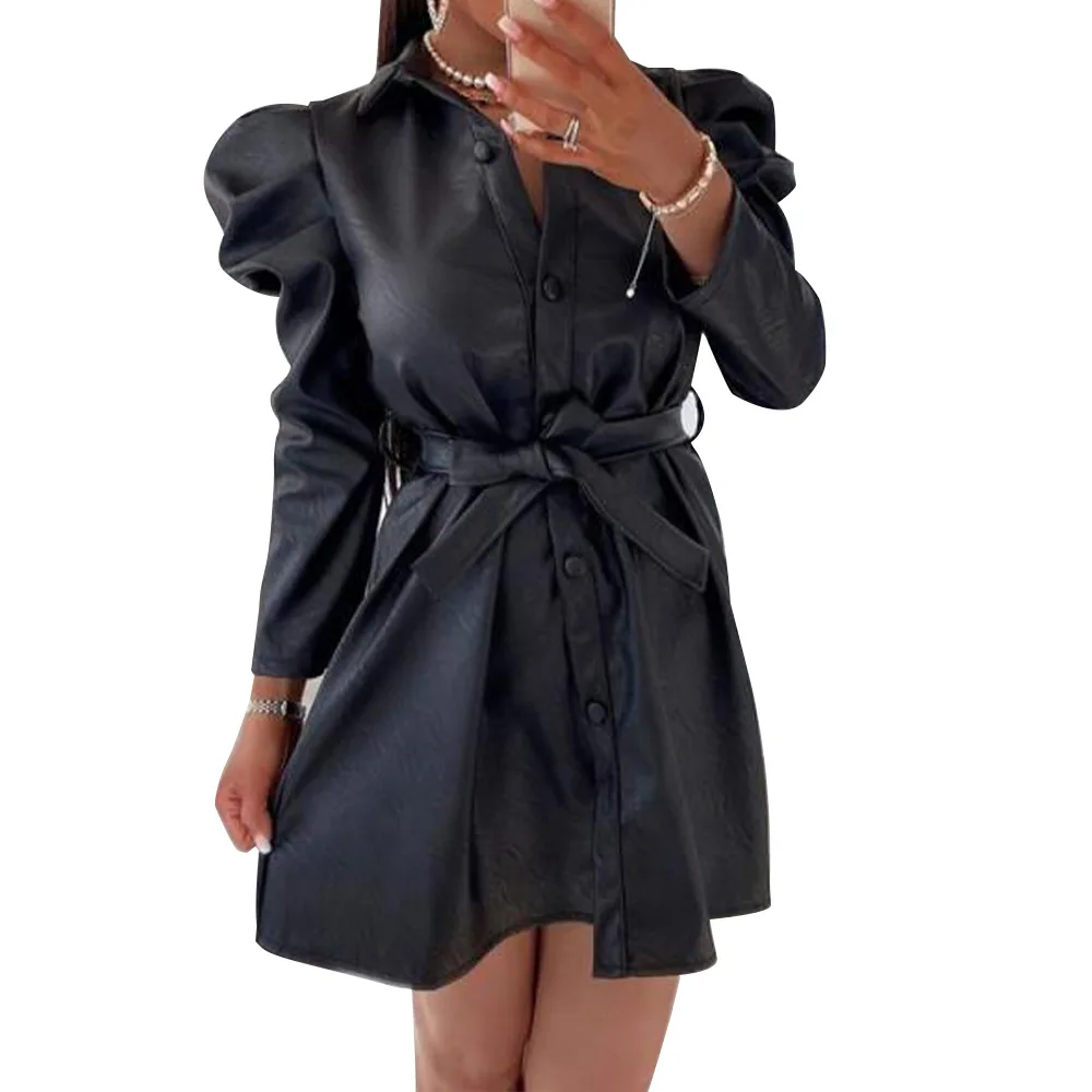 

Fashion Women Puff Sleeve Shirt Dress Short Turn-down Collar Belt Long Sleeve Solid Single Breasted Faux Leather Lace Up Vestido