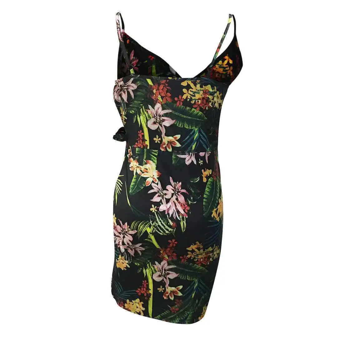 

2022 summer new women's fashion printed sleeveless lace-up waist sexy suspender dress