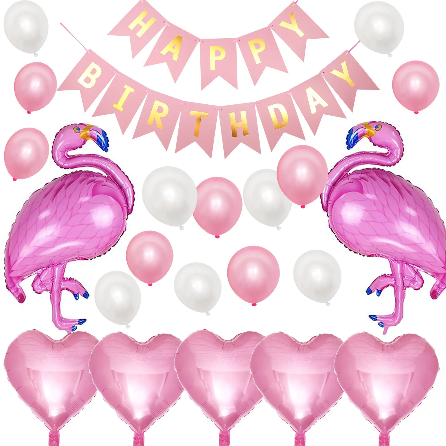 

JOYMEMO Flamingo Theme Party Decoration Happy Birthday Banner Pink Heart Flamingo Foil Balloon for Girls Birthday Party Supplies