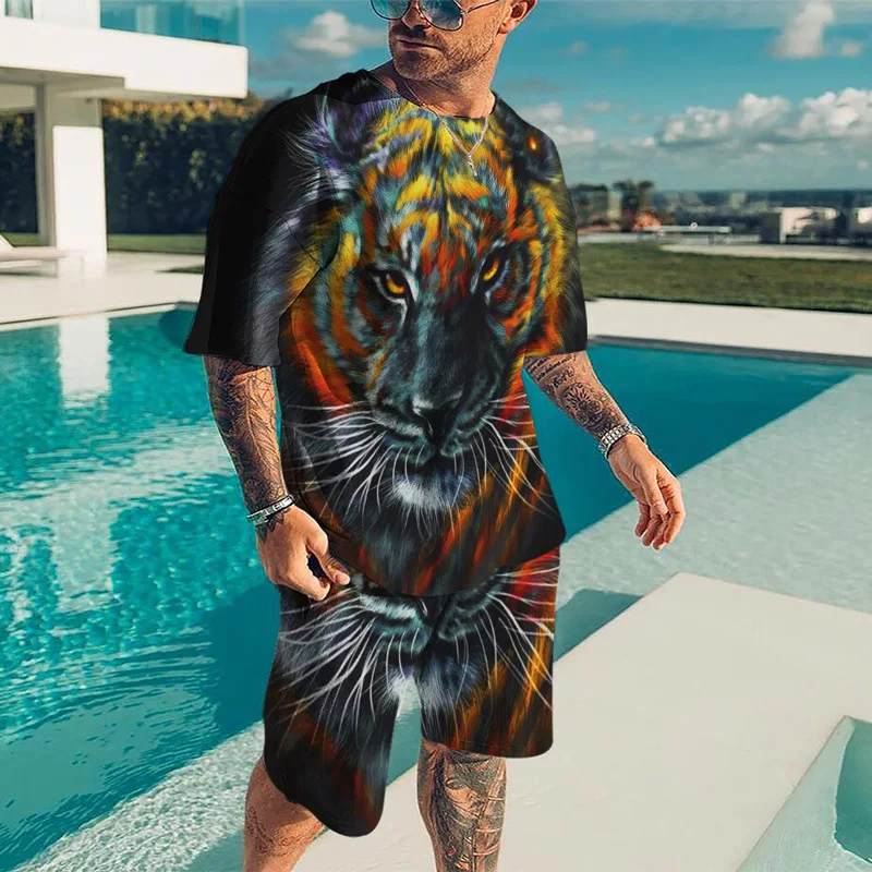 Summer Men Casual T-shirt Sets For Man Tracksuit Fashion 2-piece Oversize Outfit Animal Lion Tiger Suit Gym Streetwear