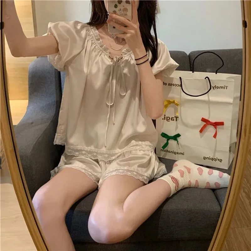 Silk Pajamas For Women Set Summer Pyjamas Women Thin Outer Wear Home Clothes Loose Solid Color Lace Kawaii Style Two-Piece Set