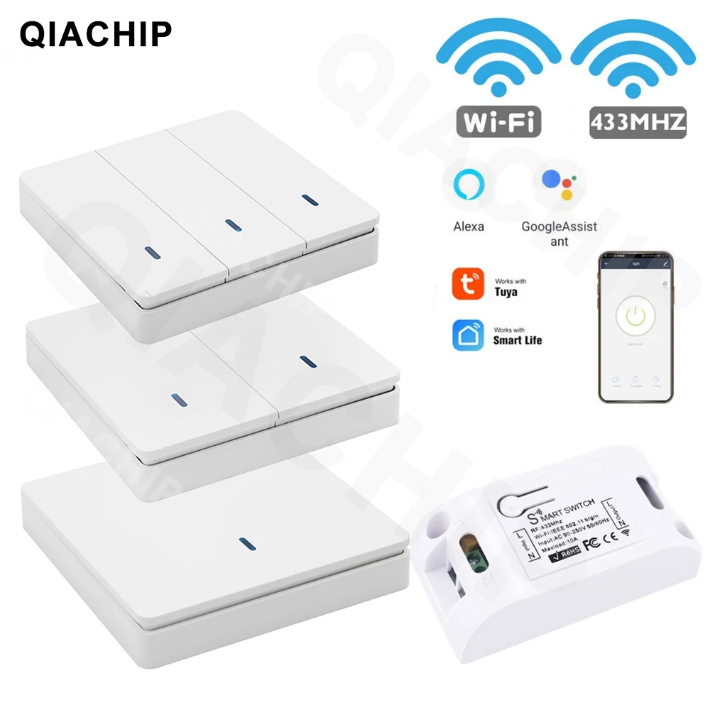 

QIACHIP WiFi Push Switch Light 433Mhz Wall Remote Relay Timer Module Automation Tuya Smart Life APP For Google Home Alexa