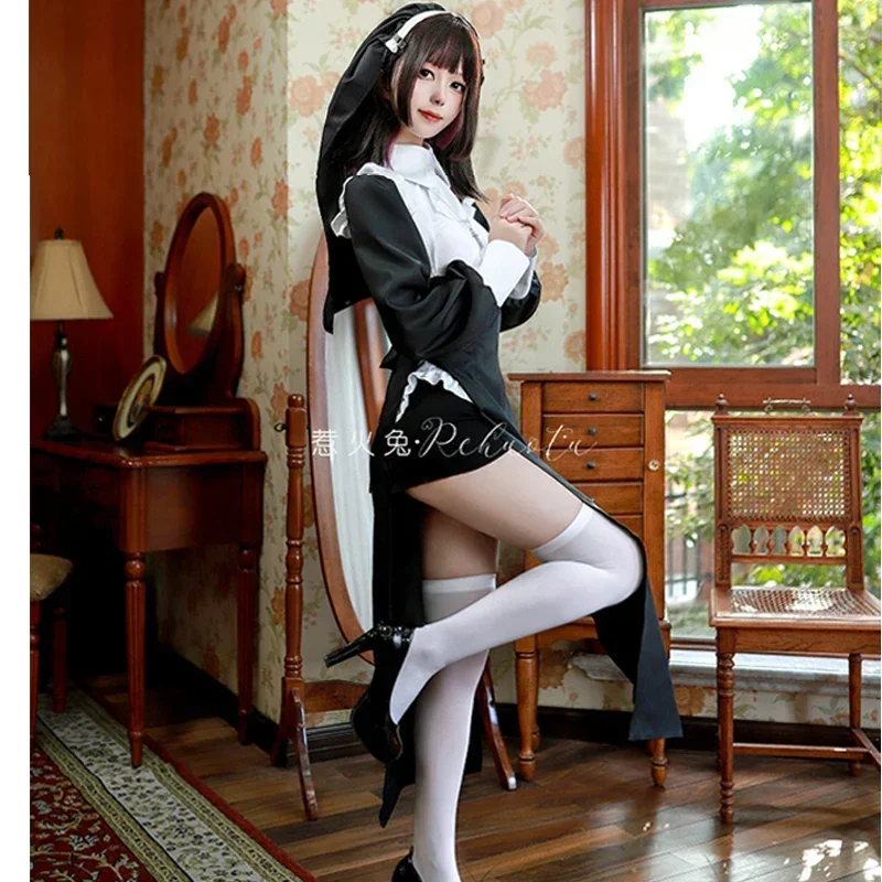 Вибrastar сестра косплей сексуальное монахиня платье с высоким разрезом боди