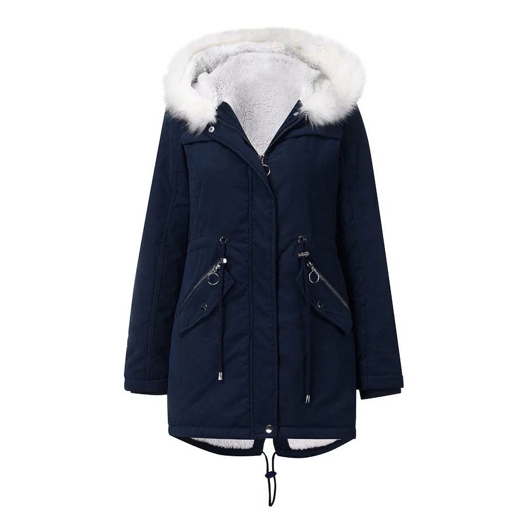 Fashion Casual New Women's White Fur Collar Coat Mid-length Hooded Winter Warm Fleece Coat Women's Cotton Clothing