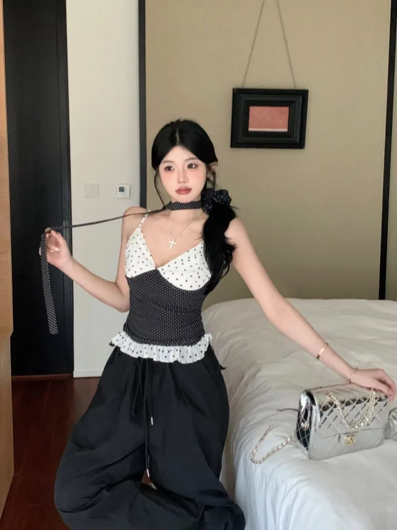 Pphome Lace Pure Desire ~ Лоскутная майка в горошек контрастного цвета для женщин летний топ