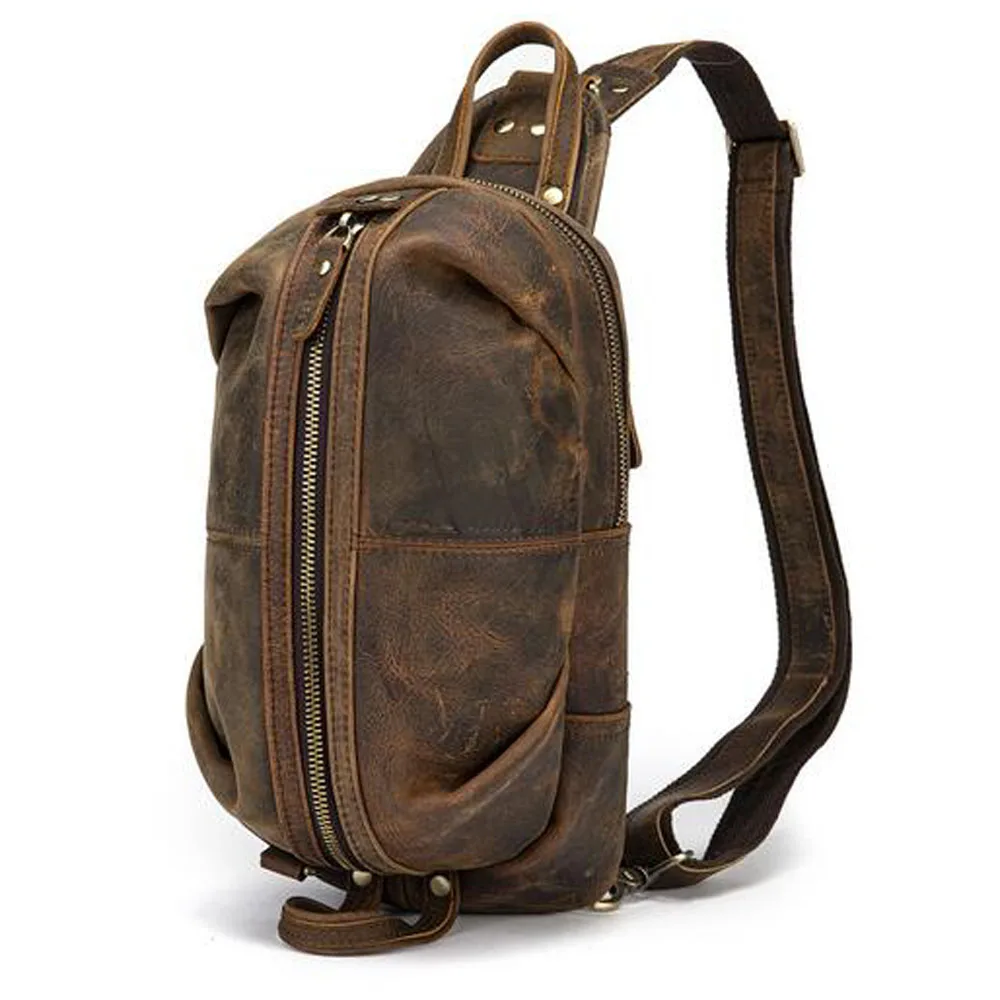 

Men Single Back Day Pack Rucksack Vintage Cool Shoulder Messenger Bag Genuine Leather Crazy Horse Cowhide Crossbody Chest Bags