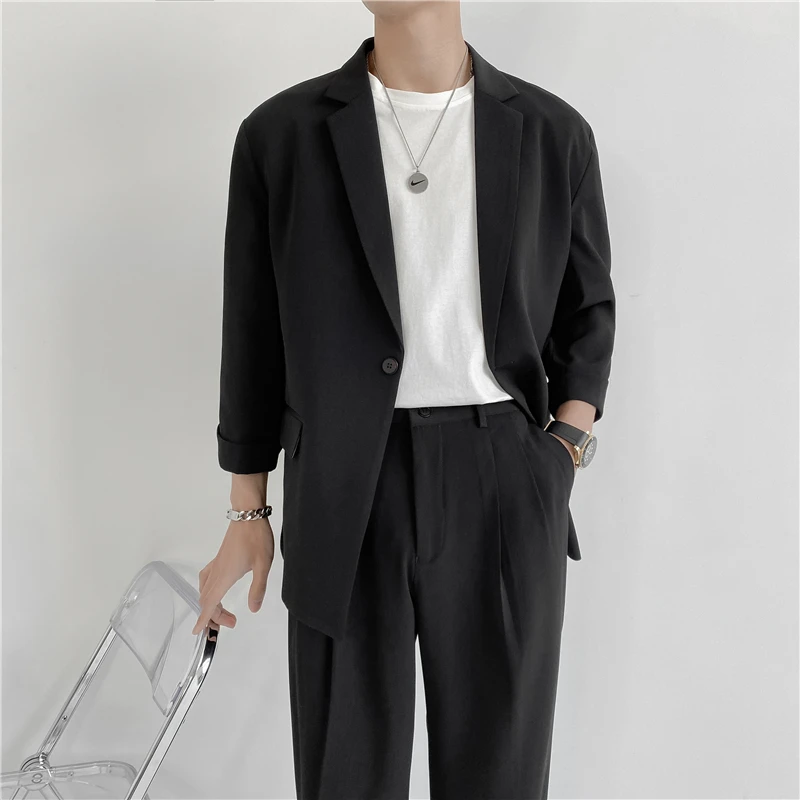 

2023 Fashion Casual Korean Version of Light Ripe Wind Slightly Wide British (medium Sleeve Blazer+ Nine Points Pants) 2-piece