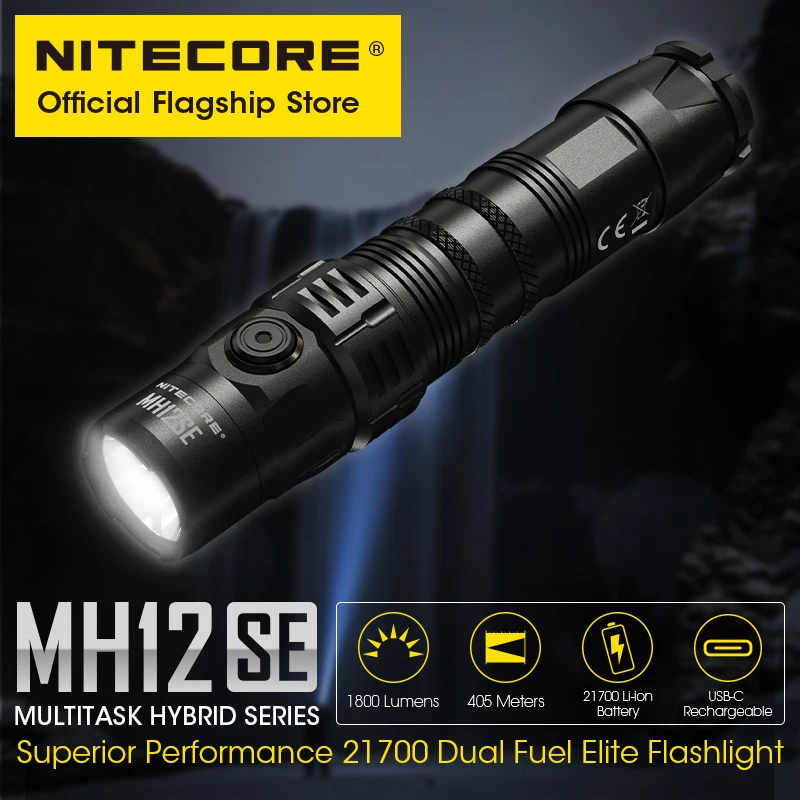 NITECORE MH12SE Tactical Flashlight  USB-C Rechargeable 405 Meters 1800 Lumens Outdoor Tactical Torch Light,21700 Li-ion Battery