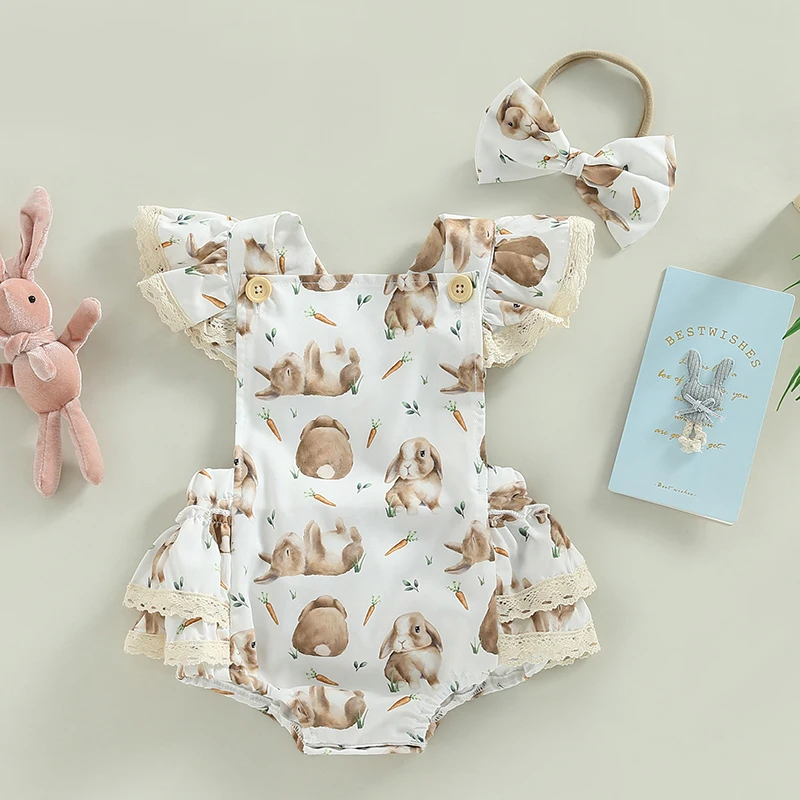 

2022-11-17 Lioraitiin 0-24M Infant Baby Girl Jumpsuit Set Rabbit Print Lace Flying Sleeves Square Neck Ruffle Romper Headband