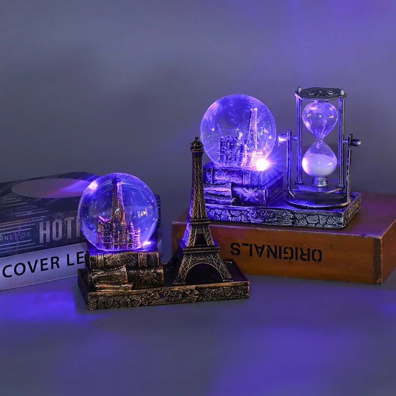 

Crystal Ball Hourglass Timepiece Water Retro Eiffel Tower Quicksand Luminous Snowball Crystal Ball Glass Ball Desktop Decoration