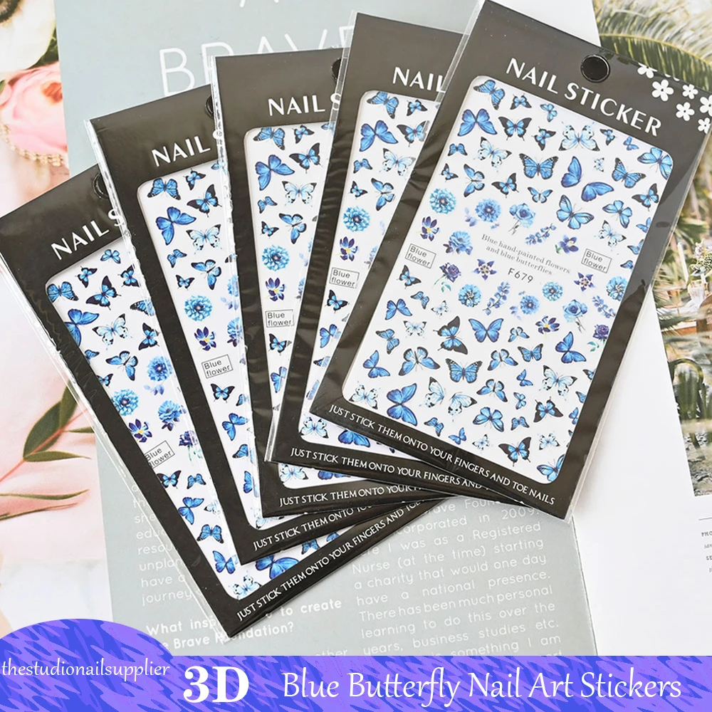 

1Sheet Blue Butterfly Nail Stickers Adhesive Transfer Nail Art Decals Cute Sliders Decorations 3D Manicure Sticker Accessories