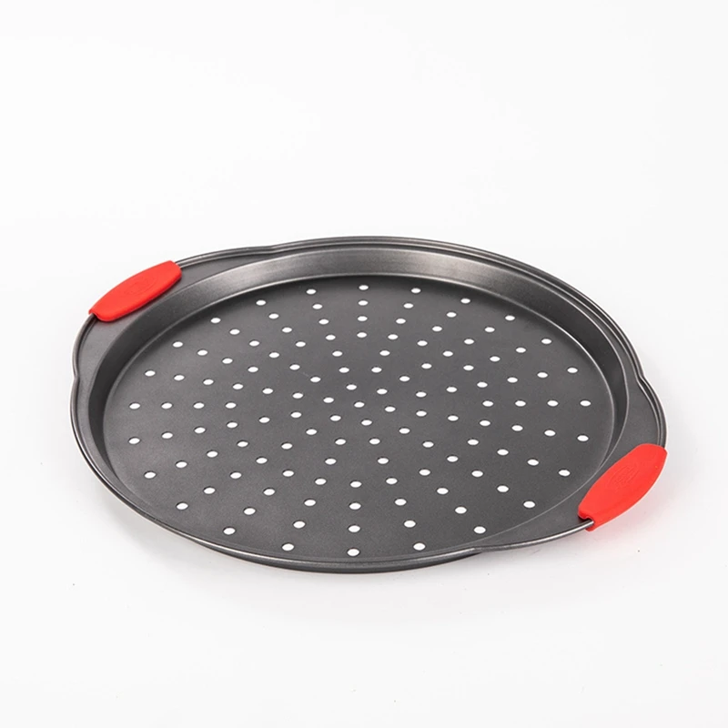 

Pizza Tray Carbon Steel Pizza Tray With Silicone Handles With Holes And Non-Stick Coating