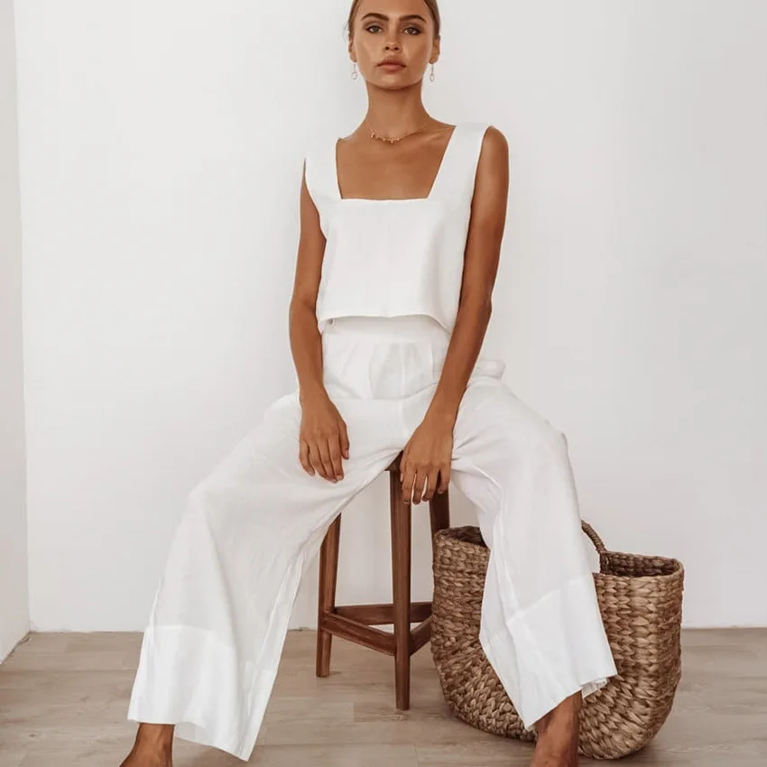 BKQU Tank Tops Women Pajama Flare Pants Nightwear Square Neck Sleepwear Women's Cotton Backless Home Suit Pure Color Female Set