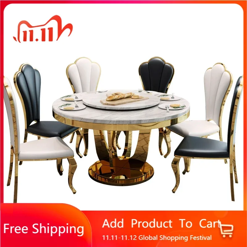 

Новый топовый круглый обеденный стол, набор из 6 стульев, стол с поворотным столиком для большой виллы, ресторана, современная простая рама из нержавеющей стали
