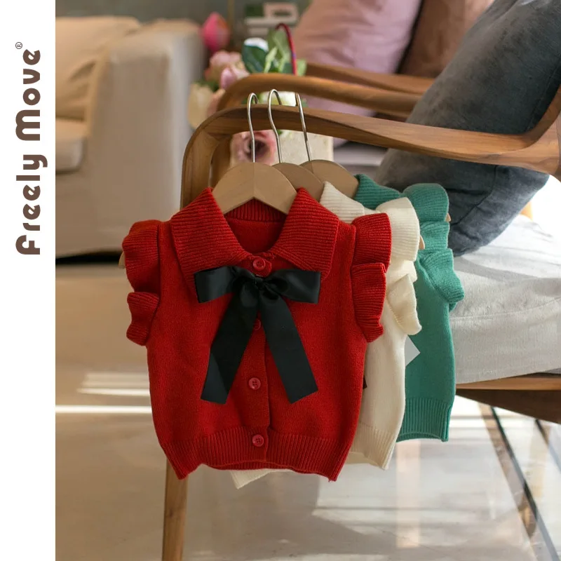 

2023 New Autumn Girls Vest Preppy Style Baby Girls Knitted Vests Sleeveless Cardigan Toddlers Kids Bowknot Waistcoats