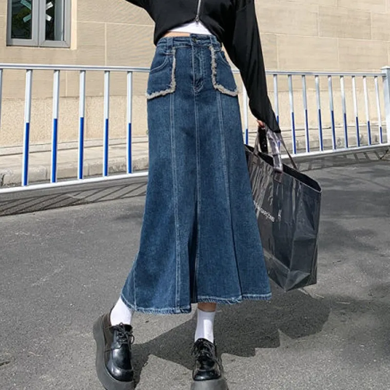 

Женская джинсовая юбка с завышенной талией, универсальная юбка-годе с необработанными краями и карманами, весна-лето-осень 2022