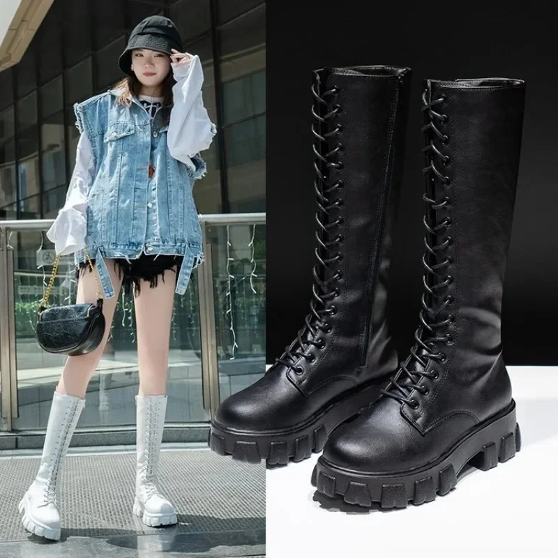 

2023 Women's Mid Calf Boots Padded Shoes Knee High Winter Sneakers Punk Style Military Casual White Black Lucury Platform Woman