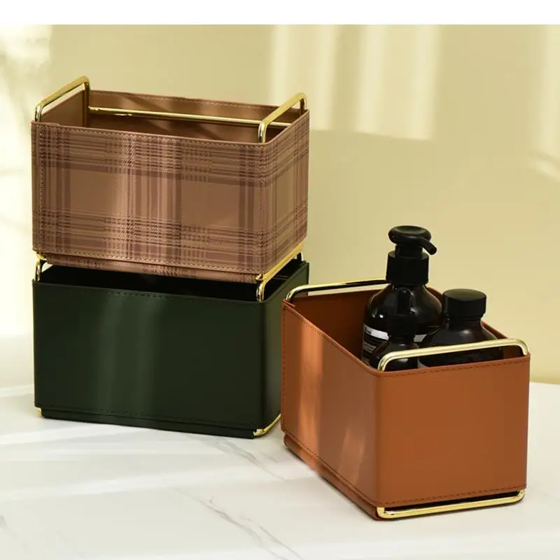

Leather Storage Box Metal Stand Rectangular Cosmetic Jewelry Boxes Creative Home Desktop Candy Storage Basket Sundries Container