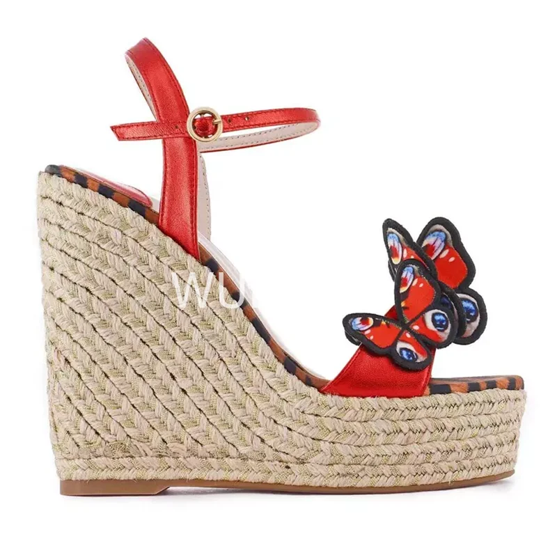 Colorful 3D Butterfly Red Wedge Sandals Women Espadarille Platform Sandals Riband Design Hollow Sexy Heels Ruffle Appliques Shoe