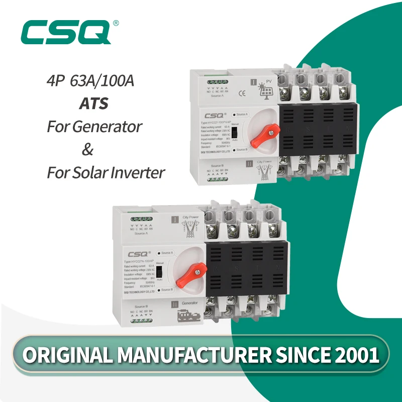 

CSQ 4P Din Rail ATS for PV and inverter Dual Power Automatic Transfer Switches Three Phase Changeover switches 400V 63A 100A