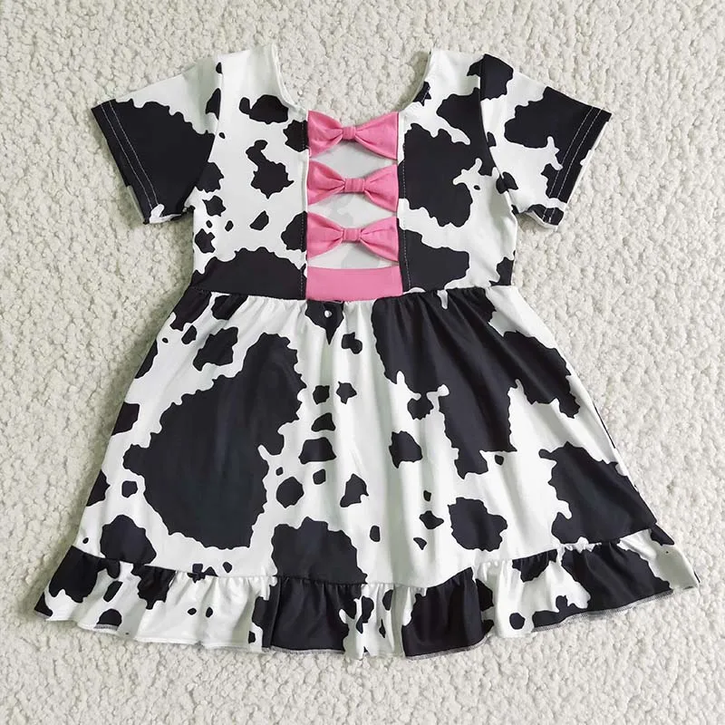 Farm Cow Print Kids Twirl Dress Short Sleeve Pink Bow New Fashion Boutique Baby Girl Clothing Wholesale Children Toddler Clothes