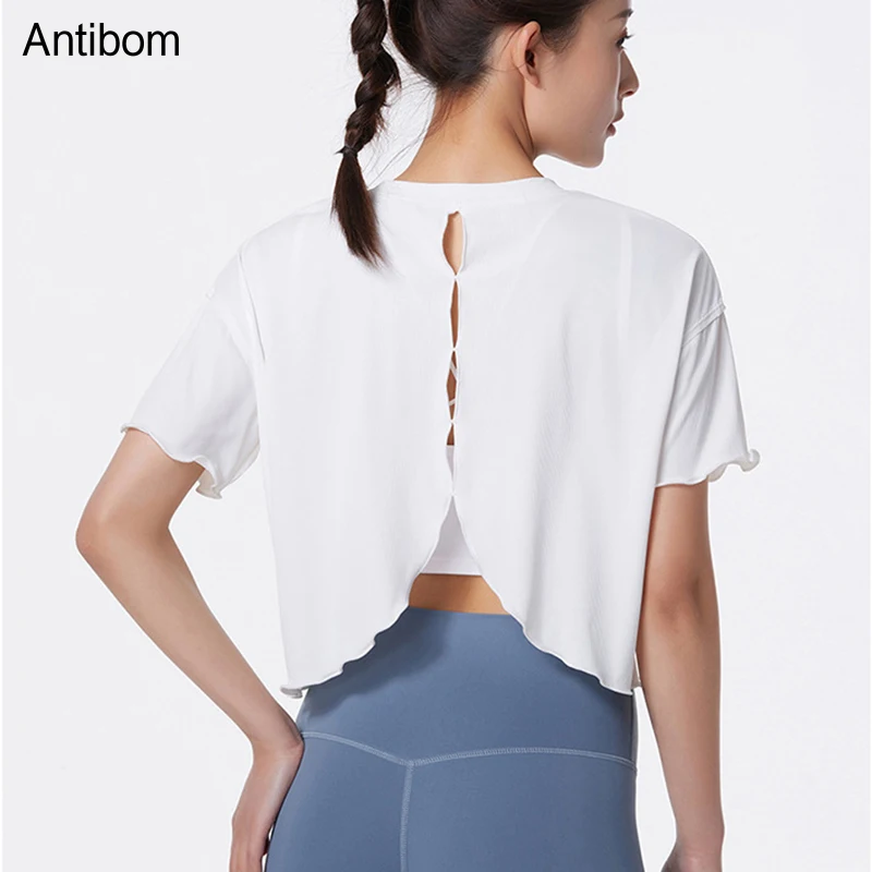 

Antibom Yoga T-Shirts Women's Short-sleeved Sports Crop Tops with Fungus Edges Loose Breathable Short Quick Dry Fitness Shirt